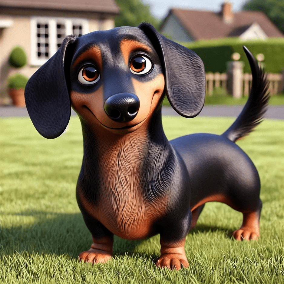 Cartoon dachshund standing on green lawn.