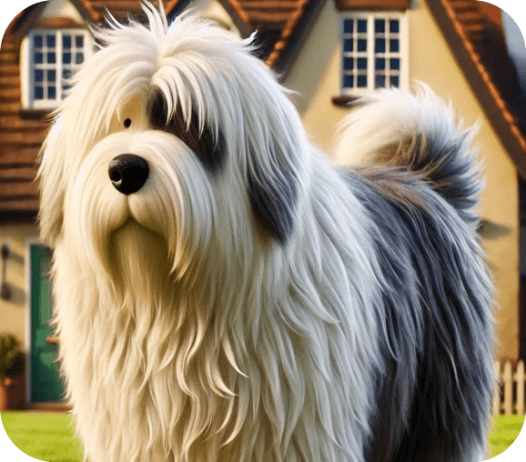 Fluffy dog standing in front of house.