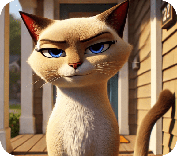 Animated cat with blue eyes on porch.