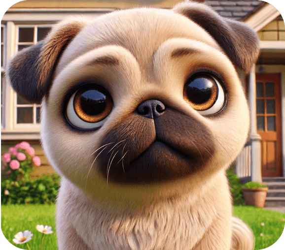 Cute cartoon pug in front of house.