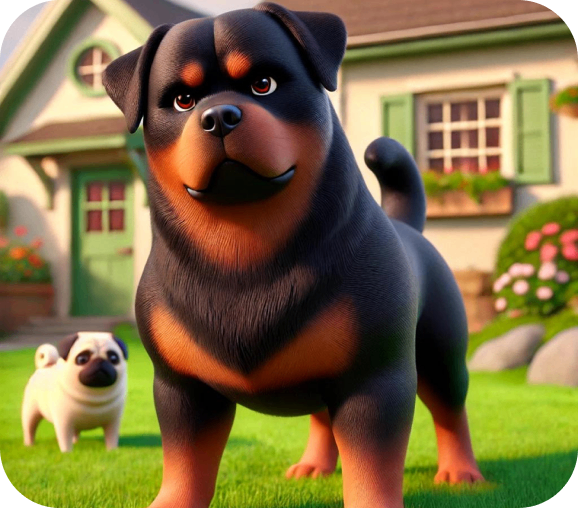 Cartoon Rottweiler and pug in garden.