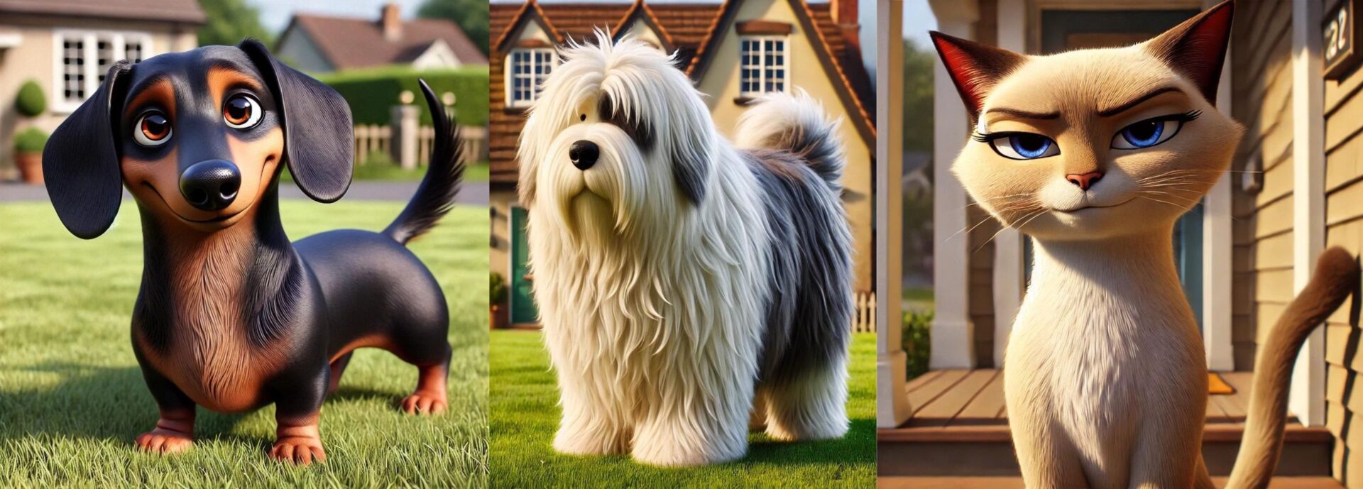 Animated dachshund, sheepdog, and cat outdoors.